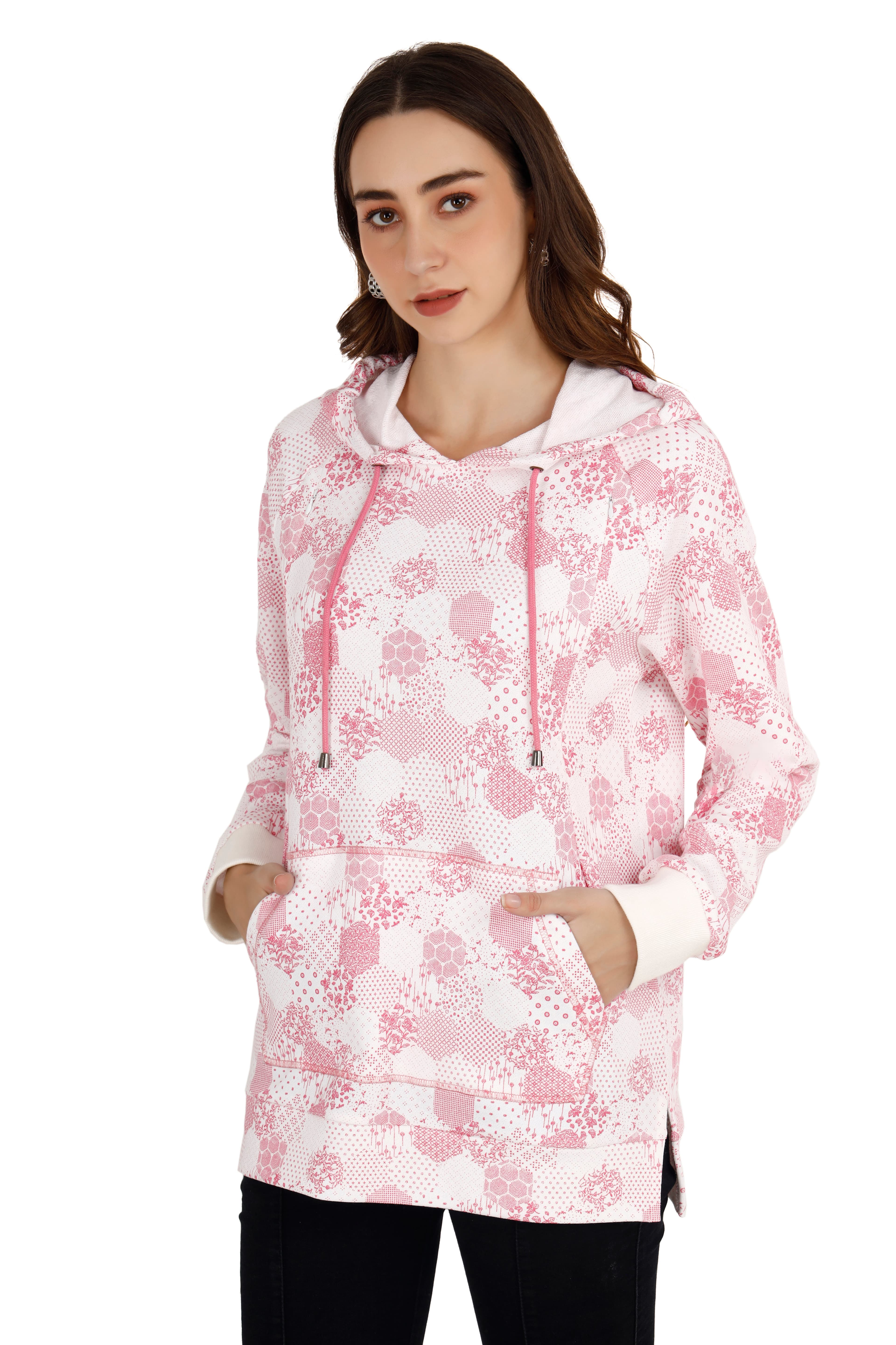 Women's Pink & White Printed Hoodie