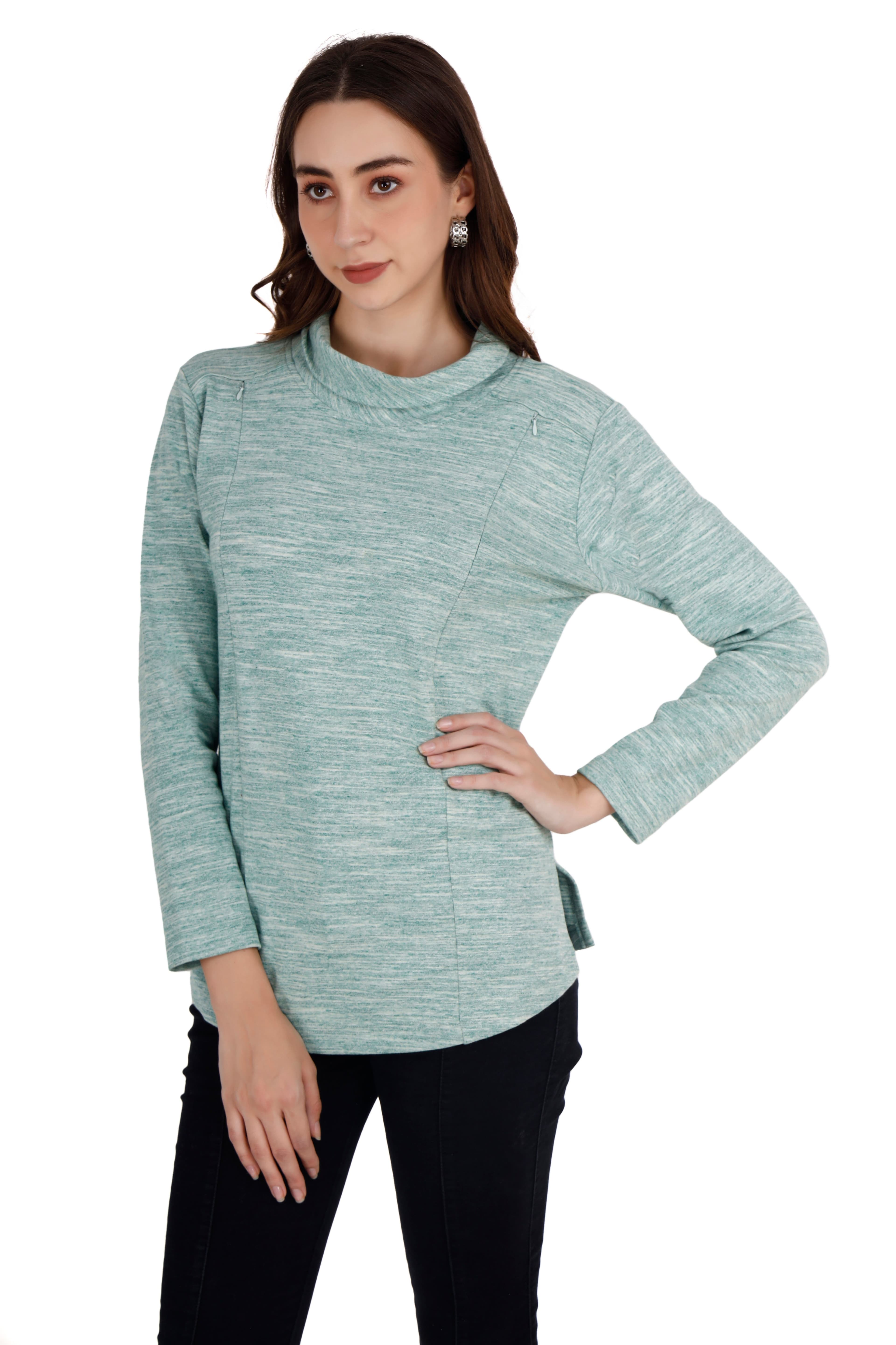 Women's Shovel Neck Textured Green Relaxed Sweatshirt